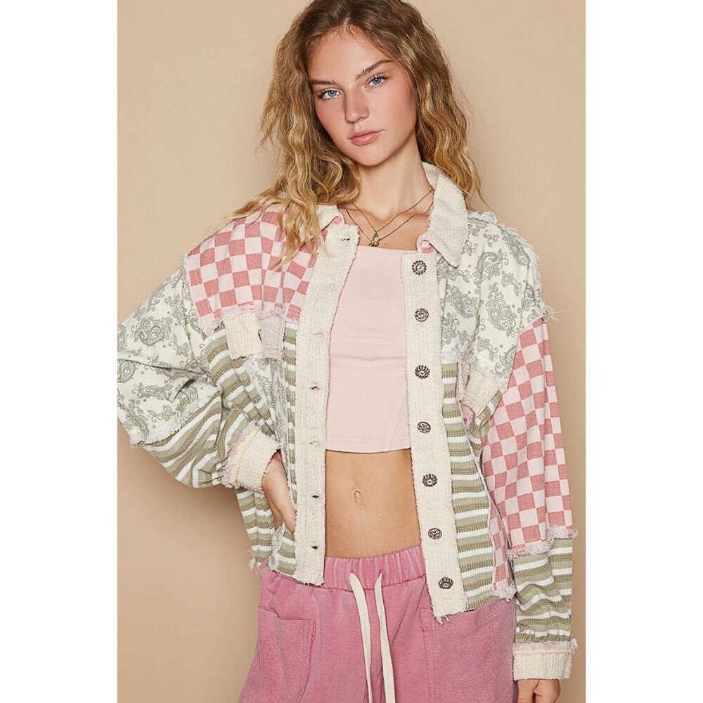 POL Patchwork Pink, Cream & Green Button-Up Jacket